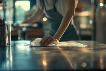 Obraz premium A woman cleans a restaurant table with a wet wipe