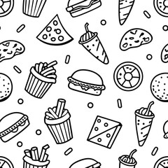 Seamless Pattern of Doodle Fast Food Icons