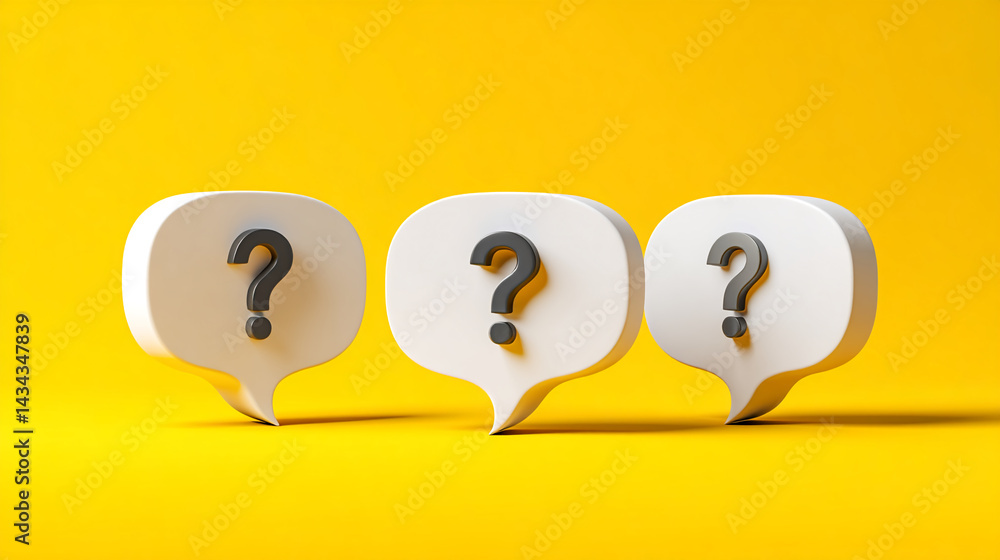 Poster three white speech bubbles with dark gray question marks on yellow background, symbolizing inquiry, 