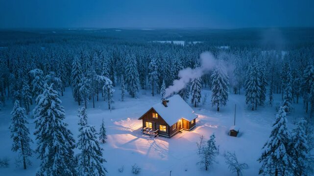 Aerial View of Cozy Cabin in Snowy Winter Forest