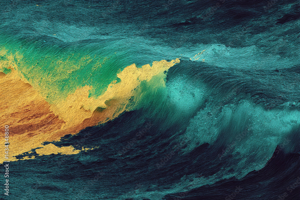 Poster Abstract art depicting textured waves in teal and gold hues, creating a dynamic and energetic visual, showcasing movement and fluidity