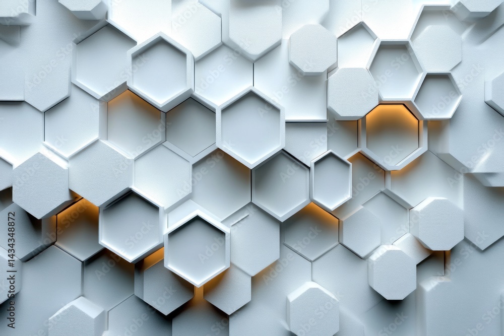 Poster abstract geometric pattern of overlapping white hexagons.