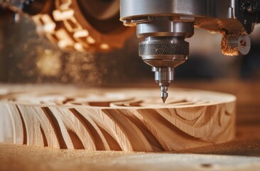 Close-up of a CNC router carving a detailed design into a piece of wood
