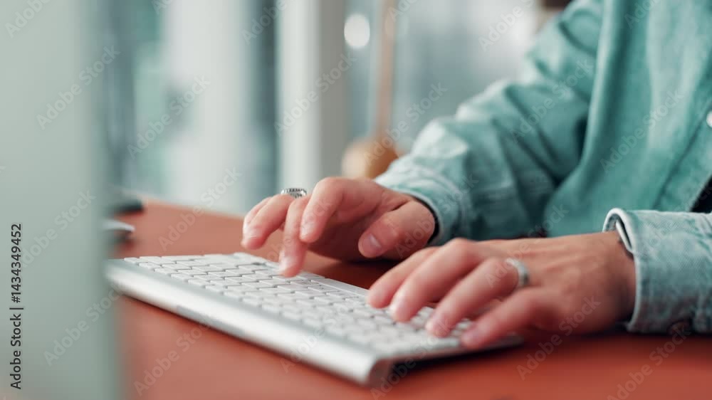 Leinwandbilder Hands, keyboard and typing at office, startup and review for newsletter with project management at company. Person, writer and editing process with computer, article and click at creative agency