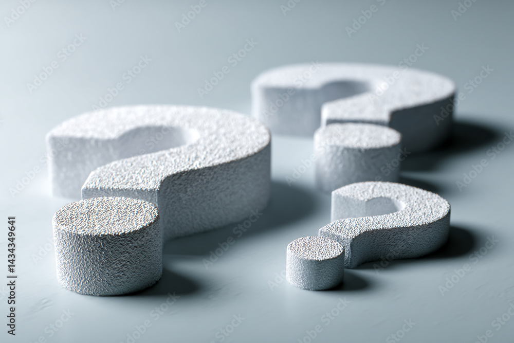 Aufkleber close-up of textured white question marks, different sizes, on a gray surface, symbolizing inquiry, 