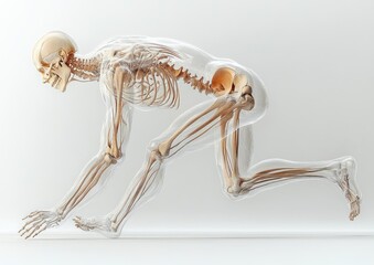 Translucent human skeleton in a dynamic running stance.