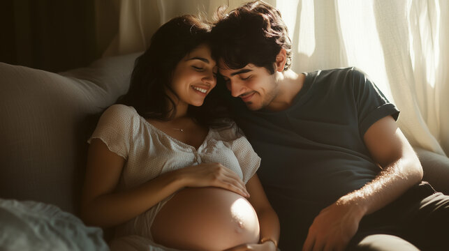 Expectant couple enjoying a tender moment together at home. The image captures their connection and anticipation for their new family. Image made using Generative AI.