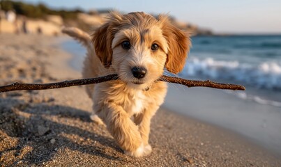 Puppy joyfully fetches stick at sandy beach