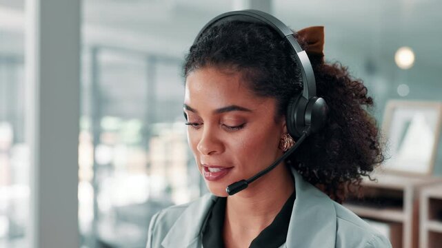 Happy woman, consultant or talking with headset at call center for communication or online assistance. Female person, agent or business advisor with smile for CRM, advice or virtual help at workplace