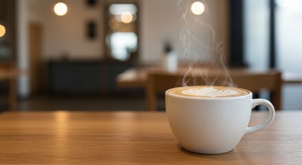 Coffee cup with steam on table isolated background