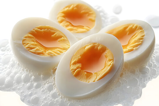Whole and sliced hard-boiled eggs with firm yolk isolated on white transparent background, representing food and nutrition concepts