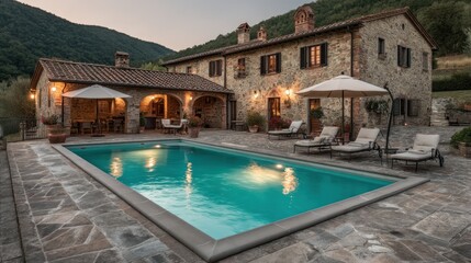 Stone house with pool under the warm sunset light