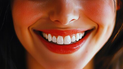 Obraz premium Smiling woman with vibrant lips and bright teeth enjoying a moment of joy in a cheerful atmosphere