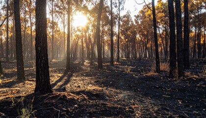 Fototapeta premium Charred forest landscape just after a wildfire in the morning