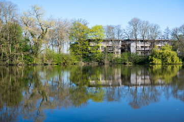 Tree reflections in the historical fortfication canal or Vesten in Ieper, West Flanders, Belgium