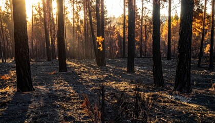 Obraz premium Charred forest landscape just after a wildfire in the morning