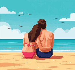 A couple sits peacefully on the beach, enjoying the serene ocean view under a partly cloudy sky in summer vacation holiday
