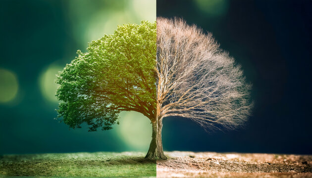 Tree split in half, one side green and full of life, the other bare and dry, against contrasting backgrounds. A visual representation of life and death.