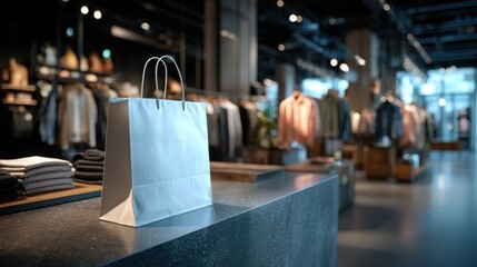 Store Paper bag on counter in modern clothing shop interior