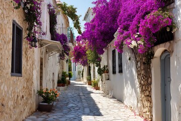 Fototapeta premium Whitewashed Mediterranean path with bright bougainvillea 