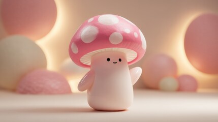 Cute mushroom character with pink polka dots stands cheerfully against a soft pastel background with round shapes and warm lighting