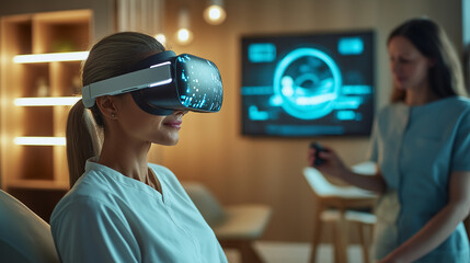 Woman using vr headset for virtual reality experience in healthcare and medical technology field study