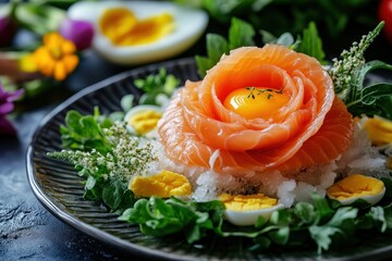 Aesthetic dish featuring smoked salmon atop herring salad with grated yolk and nasturtium leaves Menu or recipe