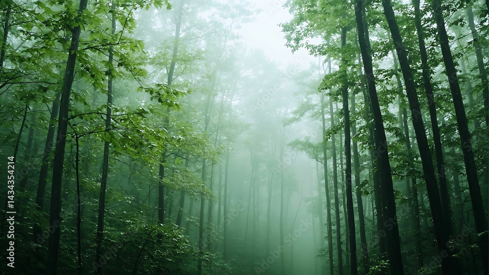 Poster mystical forest scene with trees enveloped in a soft mist