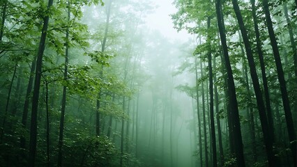 Obraz premium Mystical forest scene with trees enveloped in a soft mist