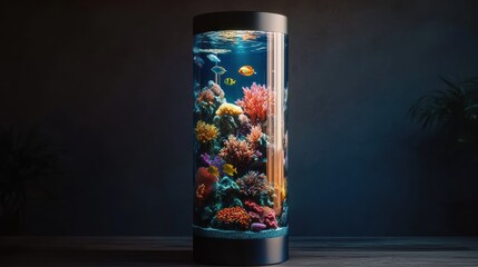 Fish swim in the tall tank in the living room, coral and rocks background, home decor