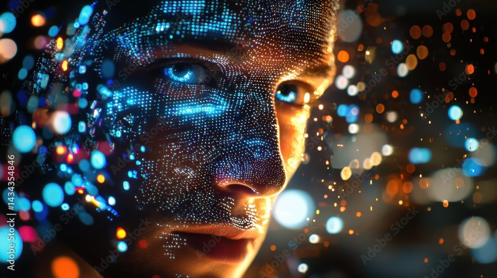 Poster exploring human connection through digital art and technology in a creative workspace