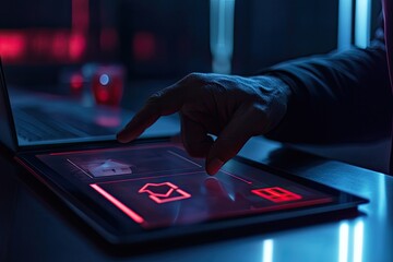 A hand reaches out to a tablet screen, fingers hovering over a glowing icon in a futuristic setting