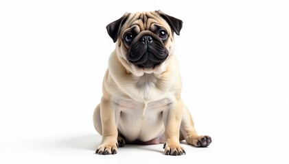 Adorable pug dog sitting, isolated on white background, pet, image