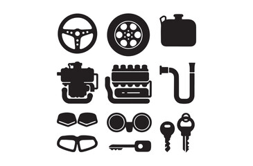 Car Parts Icon Set Automotive Engine Vehicle Tools Silhouette Clipart Collection