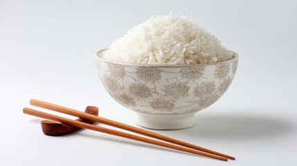Steaming bowl of white rice with wooden chopsticks on a minimalist background