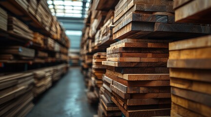 Stacked lumber boards fill a large warehouse aisle.