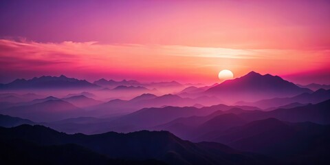 Minimalist Sunset Mountain Photography: Pink Purple Sky, Serene Landscape