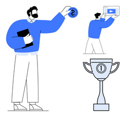 Man holding a coin, presenting a website window, and a trophy symbolizing achievement. Ideal for business, investment, success, teamwork, entrepreneurship, e-learning simple landing page