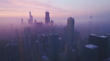 Fototapeta premium Foggy Chicago sunrise, aerial city view, winter