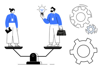 Male and female professionals standing on balanced scale man holding light bulb, woman holding folder. Ideal for teamwork, equality, innovation, problem-solving, balance, leadership, simple landing
