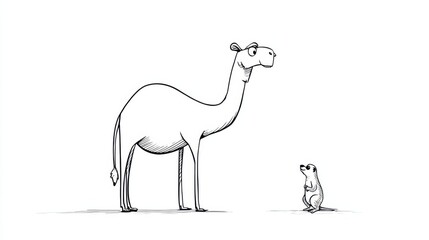 Fototapeta premium Humorous interaction between a camel and a meerkat in a simple line drawing style