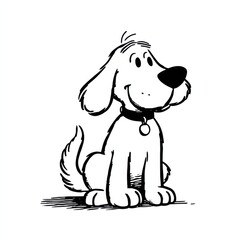 Fototapeta premium Cute cartoon dog sitting happily in a playful pose with a collar and cheerful expression in a simple black and white style