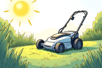 Fototapeta premium Fine-Line Drawing of a Futuristic Robotic Lawn Mower in a Sunlit Garden