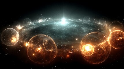 Obraz premium Image of multiple celestial orbs against a background of interstellar dust and starlight.
