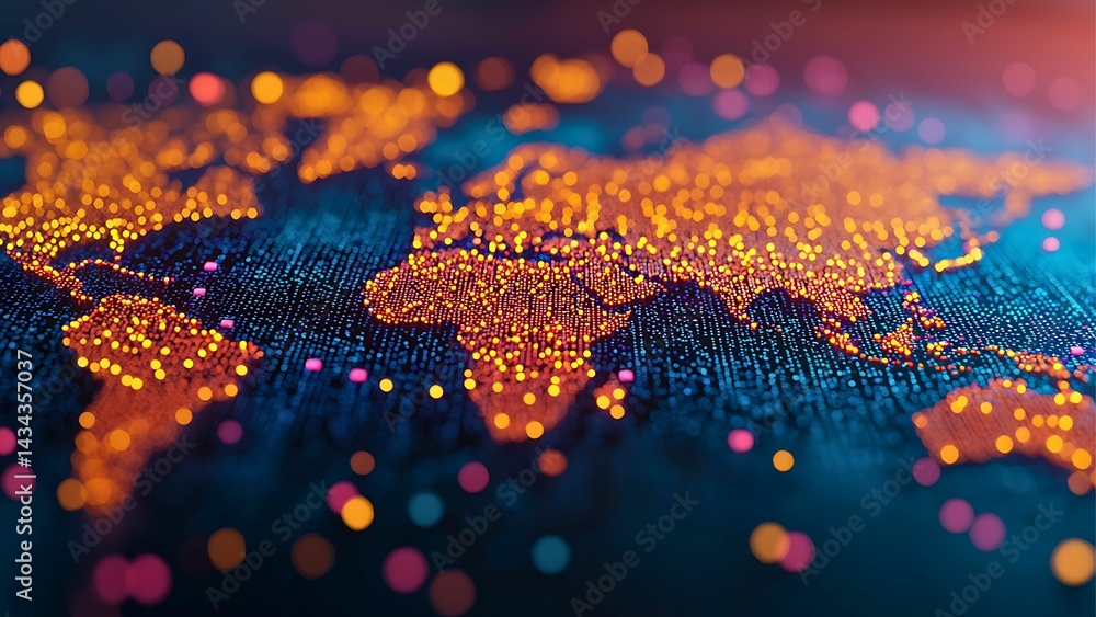 Poster global network connection, digital world map. a world map is represented by a myriad of glowing poin