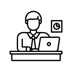 Illustration of business man working on laptop at desk with chart, office worker vector icon design