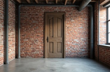 Fototapeta premium Rustic reclaimed wood door in industrial style apartment. Red brick wall, exposed pipes, concrete floor. Urban loft, vintage design. Interior decor, room background, old fashioned feel.