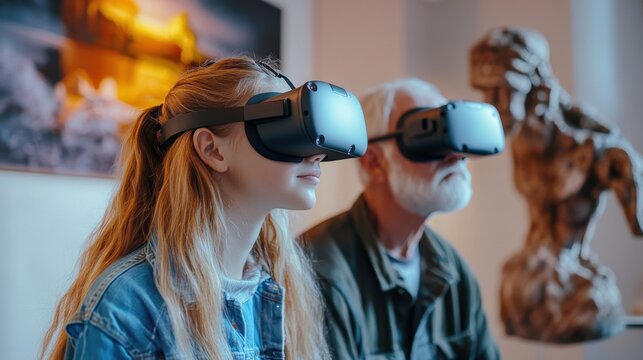 Granddaughter and grandfather experience virtual reality art.