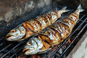Baked mackerel on a BBQ Delicious roasted scomber gourmet seafood dish Healthy restaurant meal