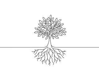drawing of tree with leaves and big root. continuous one line sketch. vector illustration isolated on white background